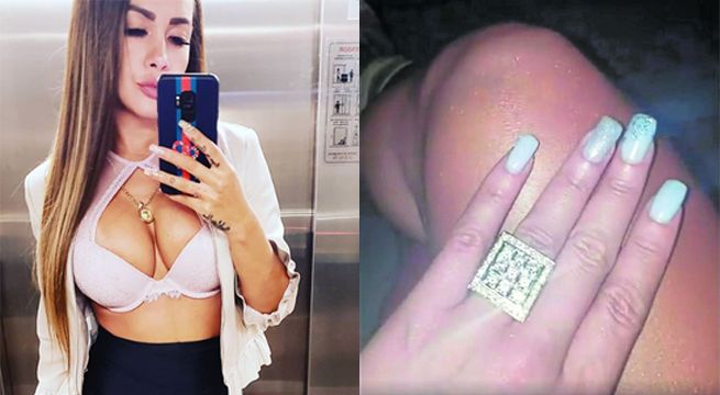 Dorita Orbegoso muestra es  anillo de diamantes que su pareja le regalo.