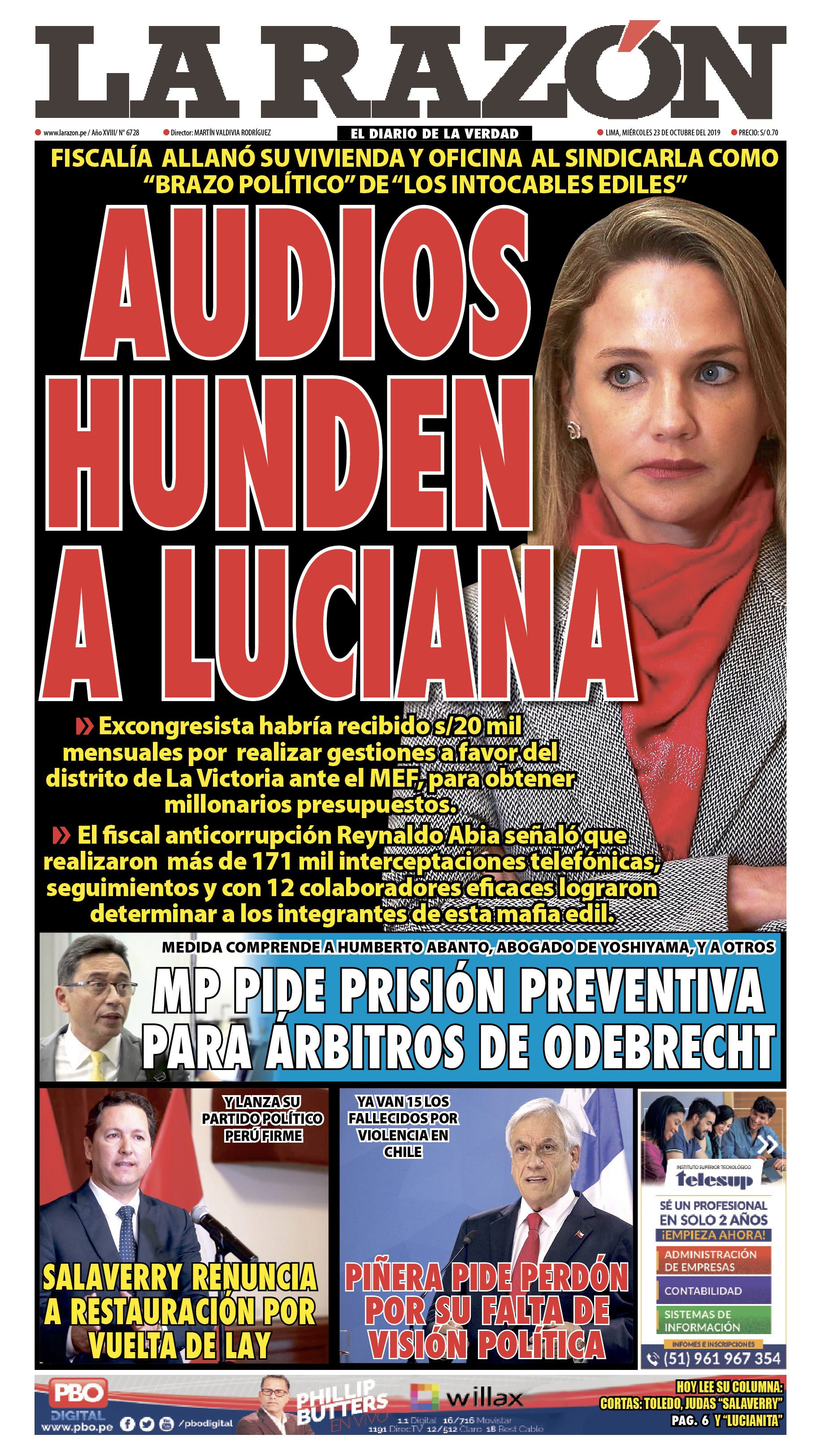 Portada impresa - Diario La Razón (23/10/2019)