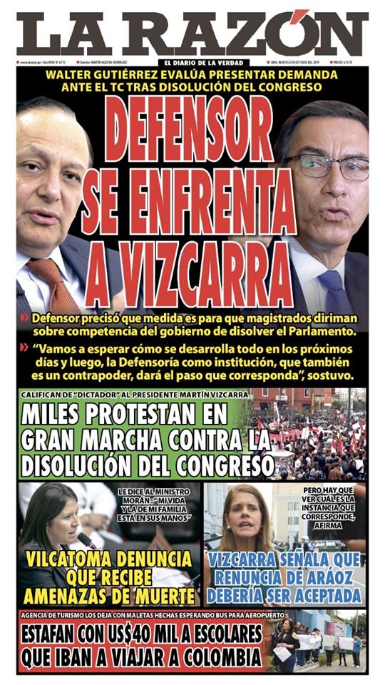 Portada impresa – Diario La Razón (08/10/2019)