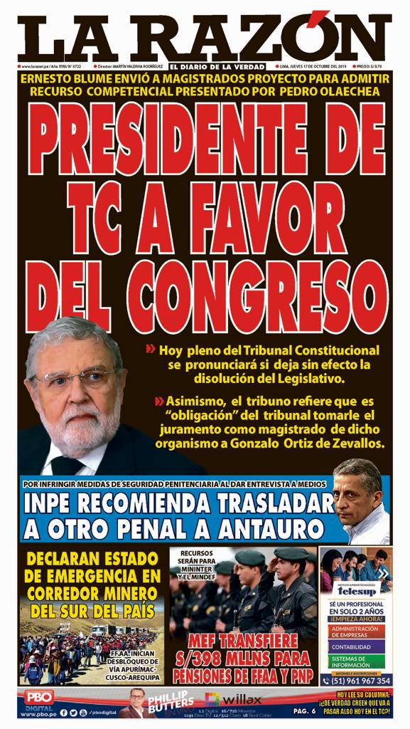 Portada impresa – Diario La Razón (17/10/2019)
