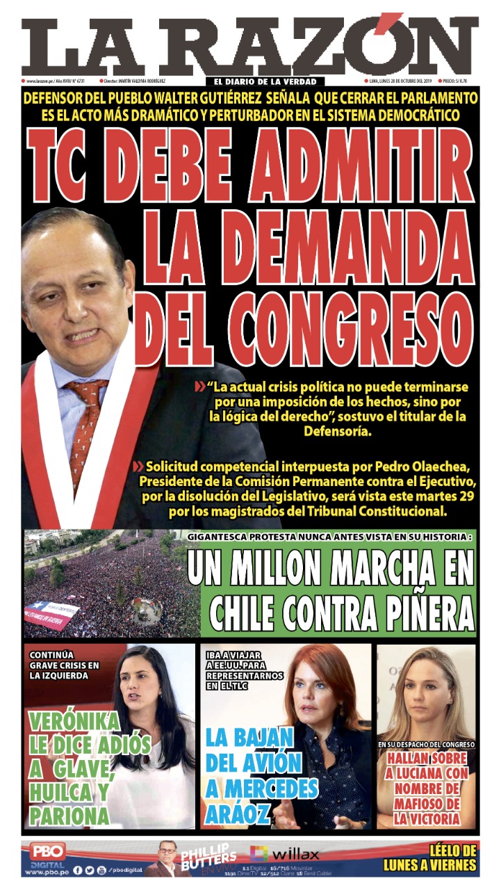Portada impresa – Diario La Razón (26/10/2019)