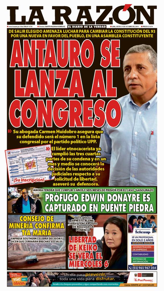 Portada impresa - Diario La Razón (31/10/2019)
