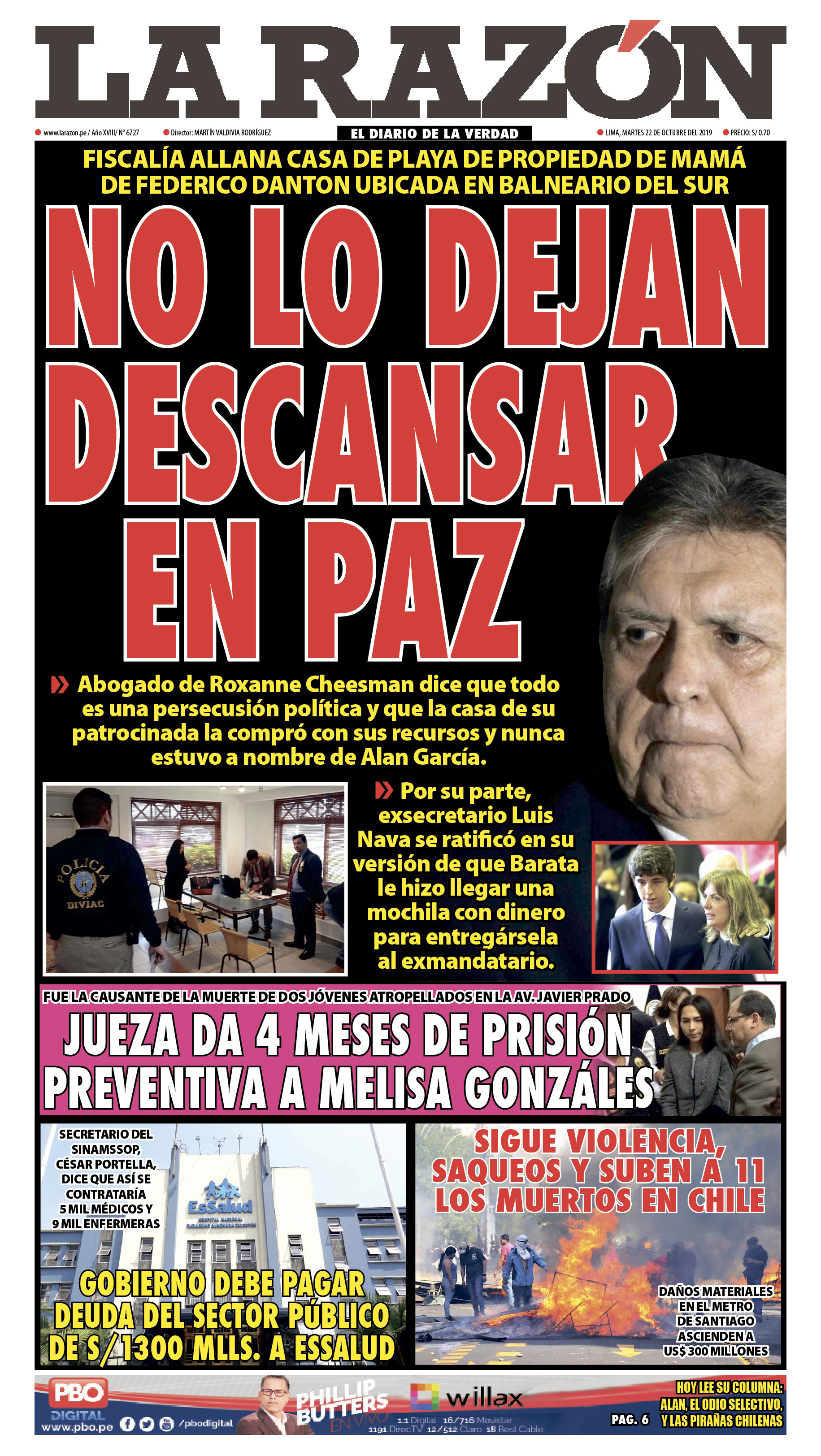 Portada impresa - Diario La Razón (22/10/2019)
