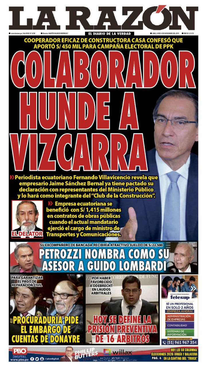 Portada impresa - Diario La Razón (04/11/2019)