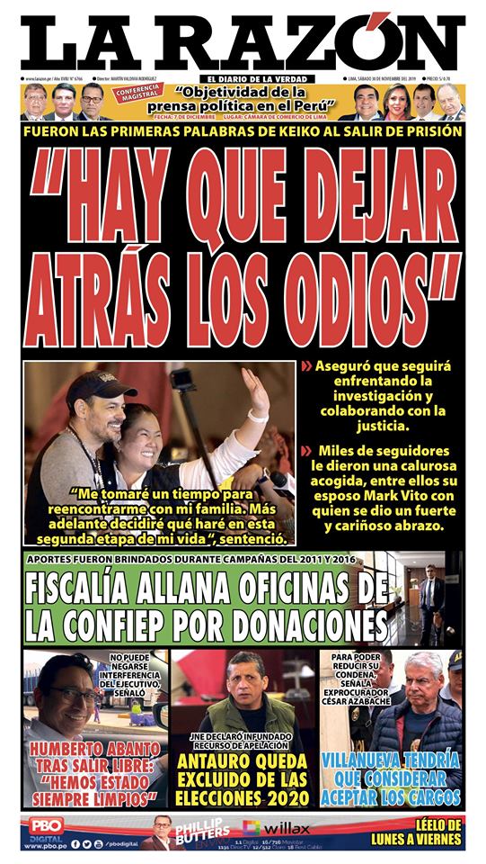 Portada impresa – Diario La Razón (30/11/2019)