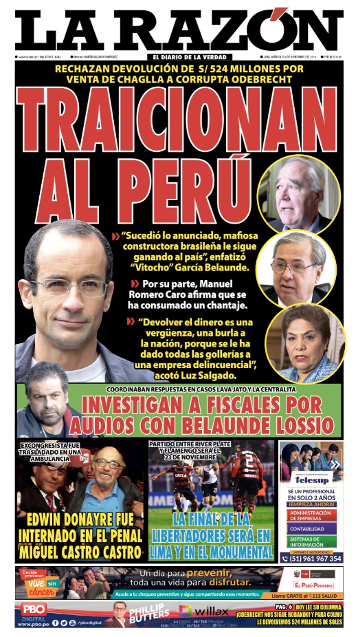 Portada impresa – Diario La Razón (06/11/2019)