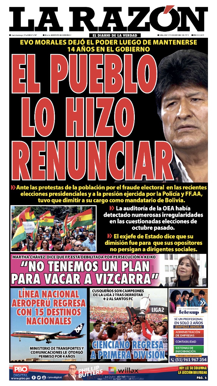 Portada – Diario La Razón (11/11/2019)