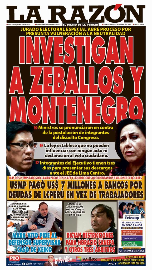 Portada – Diario La Razón (15/11/2019)
