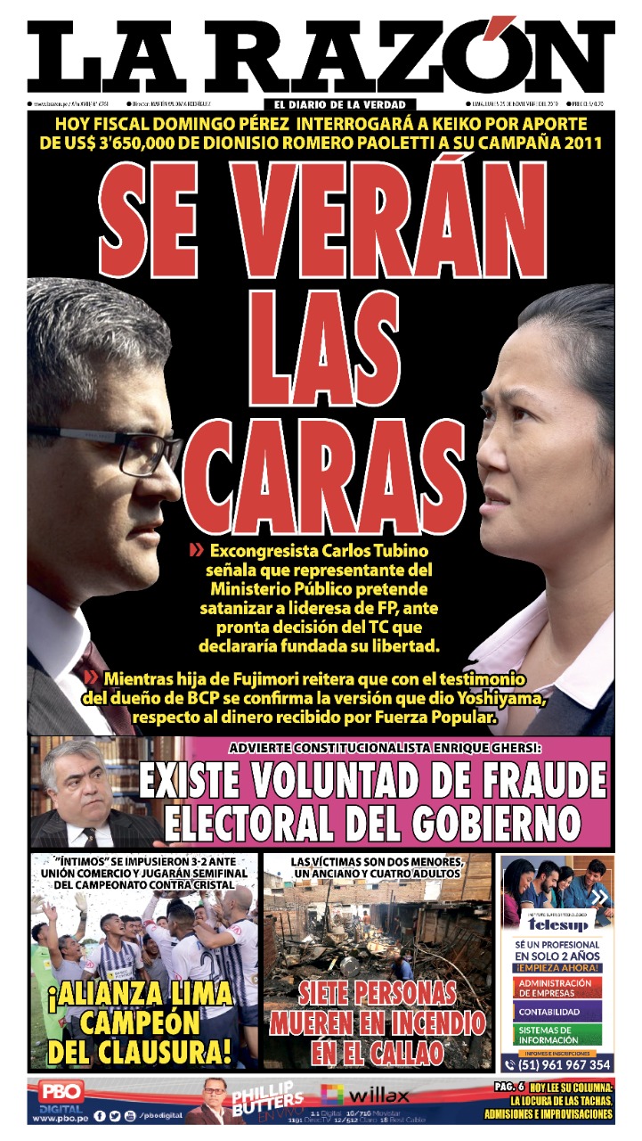 Portada impresa – Diario La Razón (25/11/2019)
