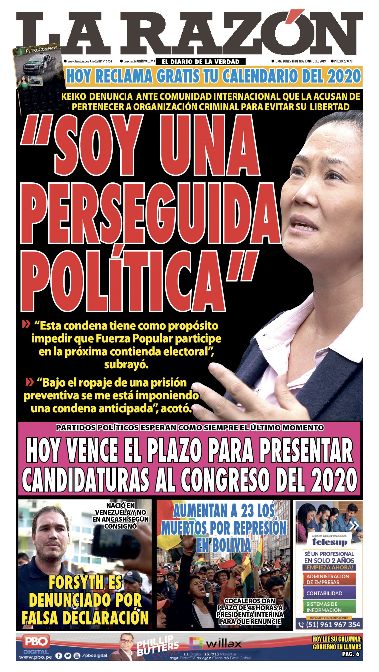 Portada impresa – Diario La Razón (18/11/2019)