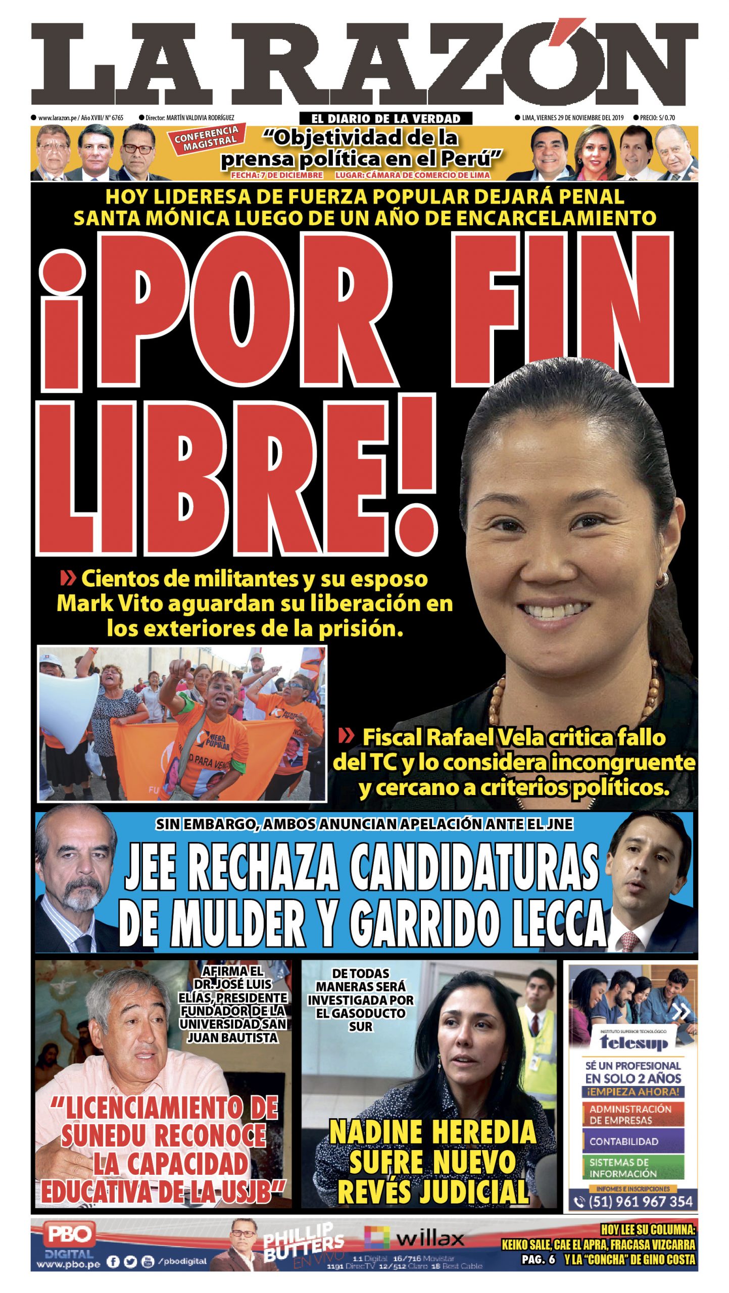 Portada impresa – Diario La Razón (29/11/2019)