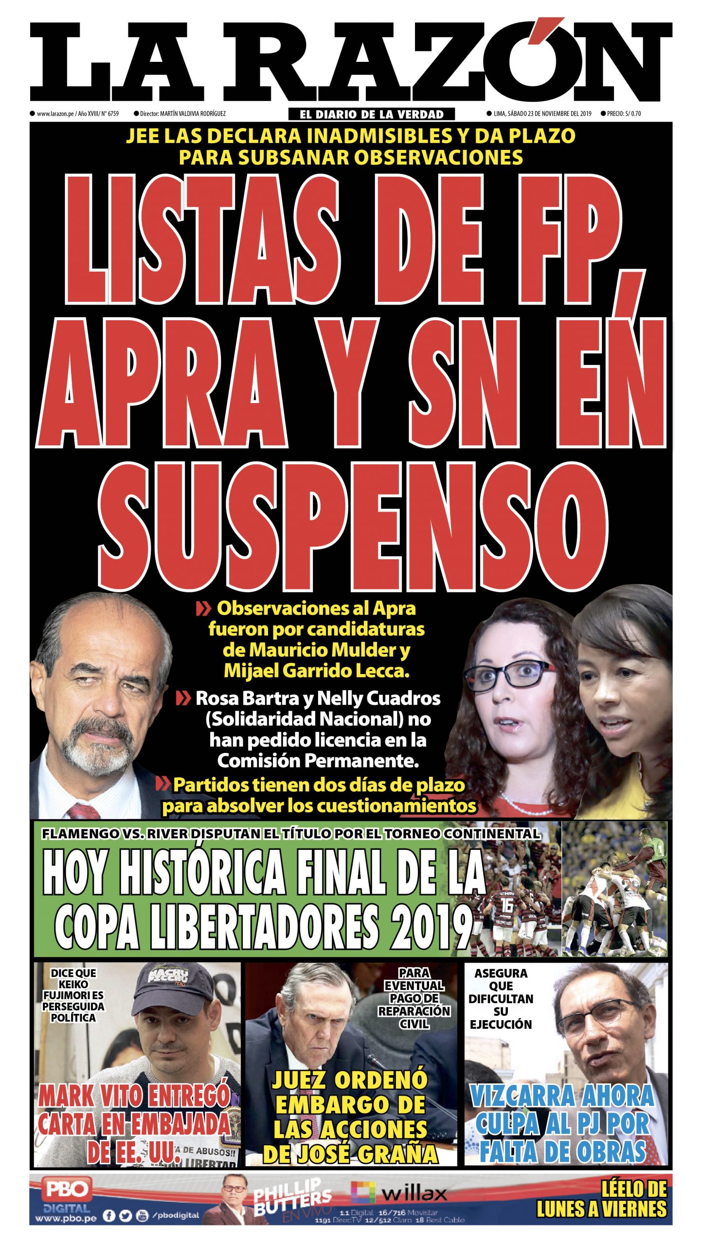 Portada impresa – Diario La Razón (23/11/2019)