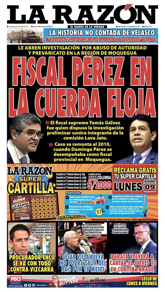 Portada impresa – Diario La Razón (07/12/2019)