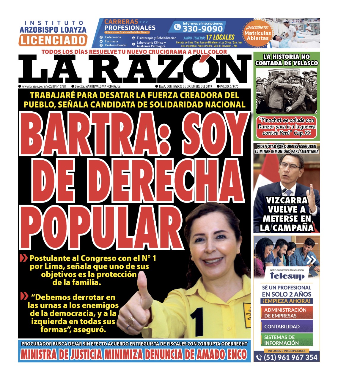Portada impresa – Diario La Razón (22/12/2019)