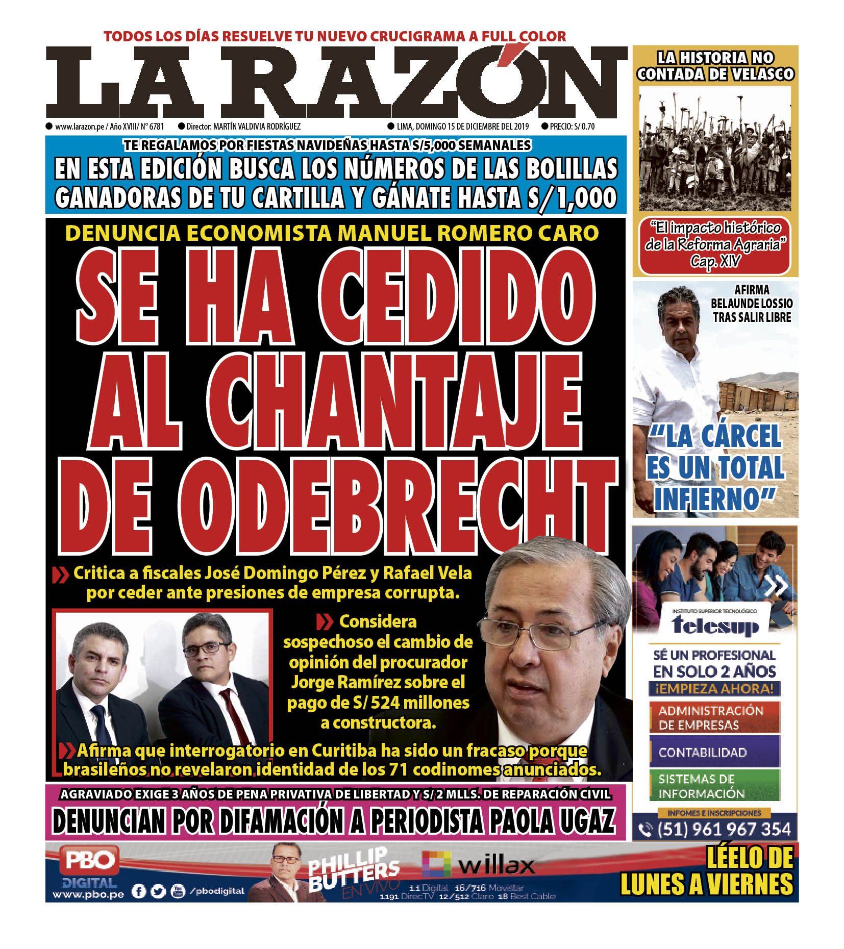 Portada impresa – Diario La Razón (15/12/2019)