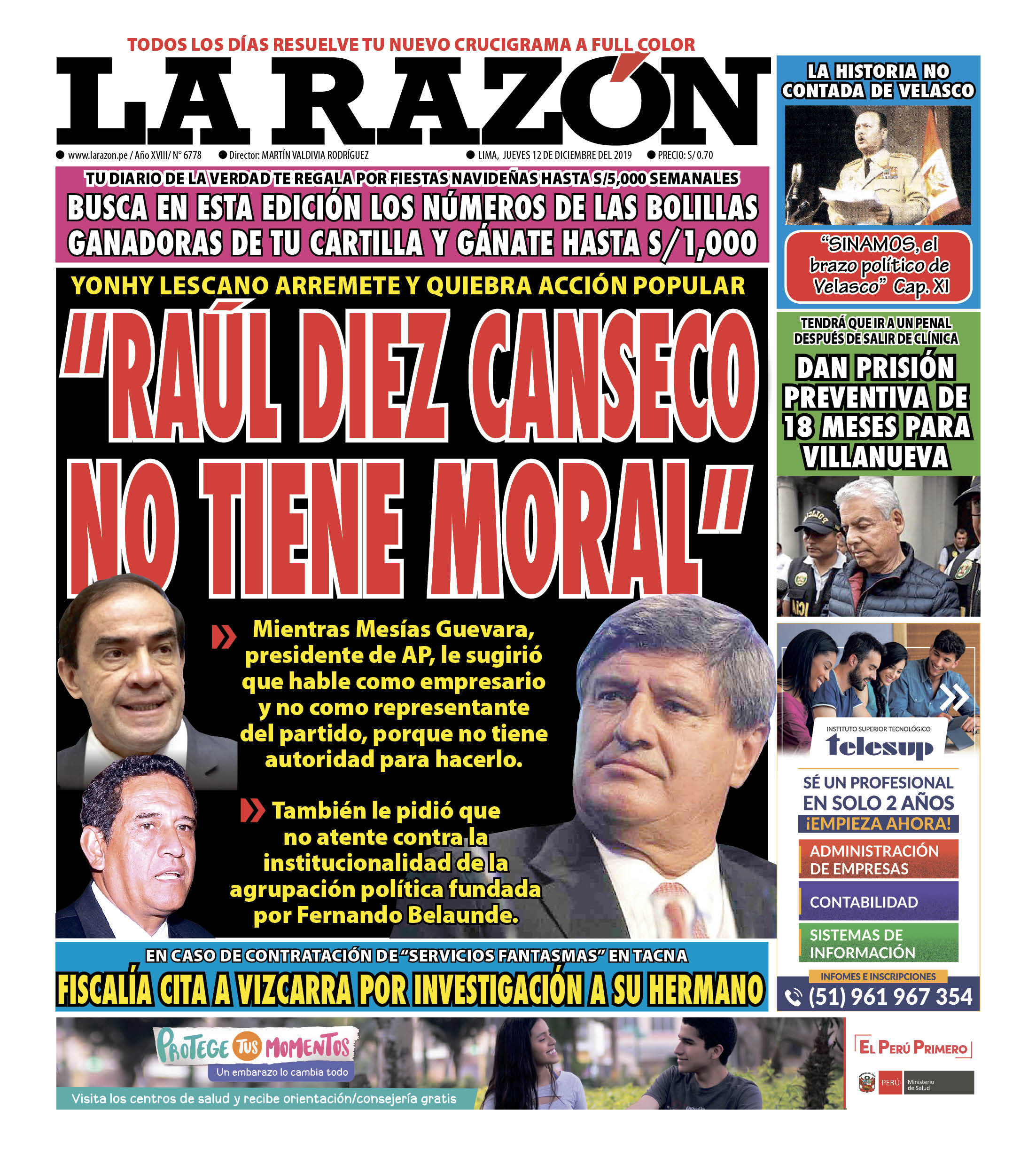 Portada impresa – Diario La Razón (12/12/2019)