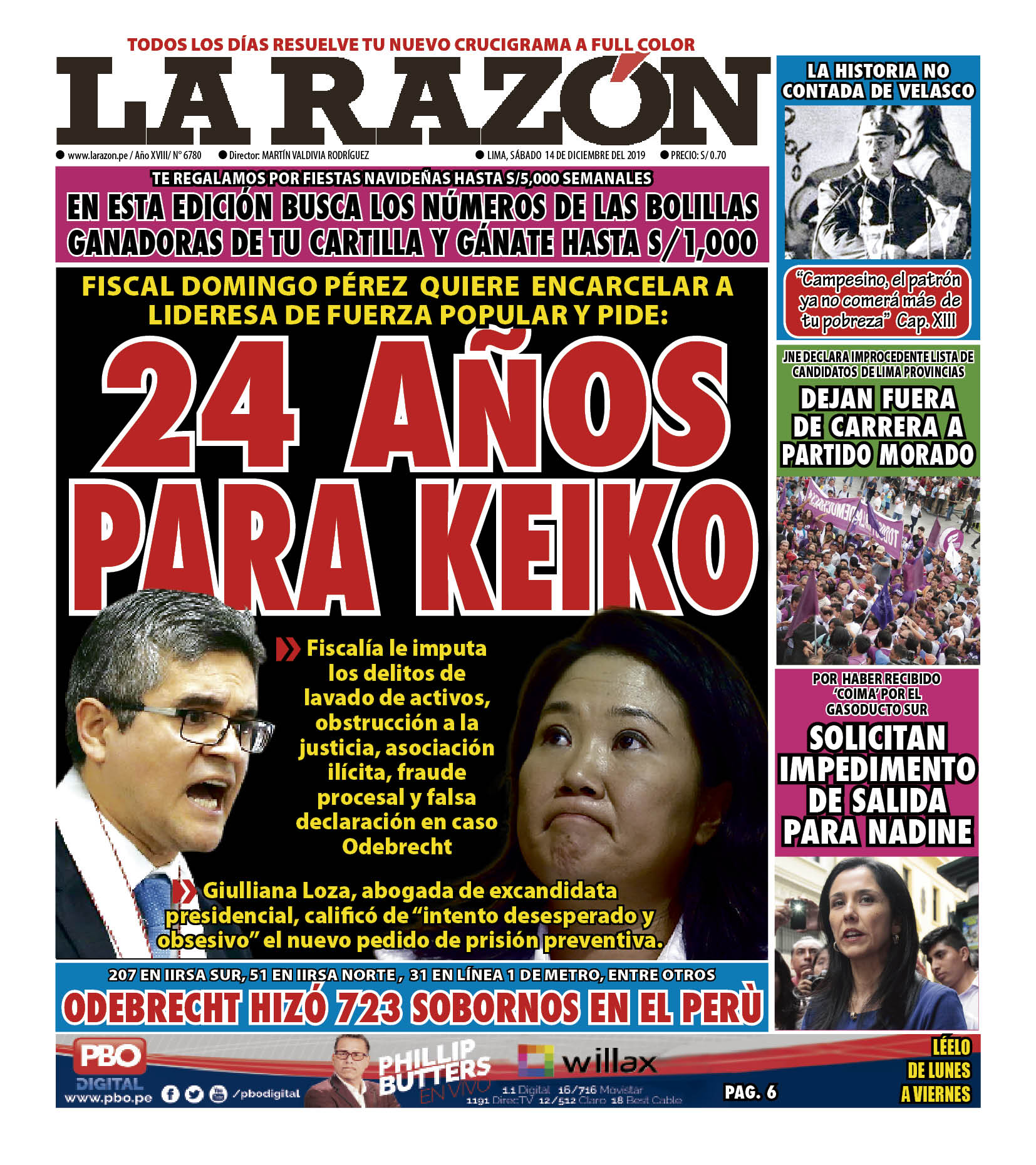 Portada impresa – Diario La Razón (14/12/2019)