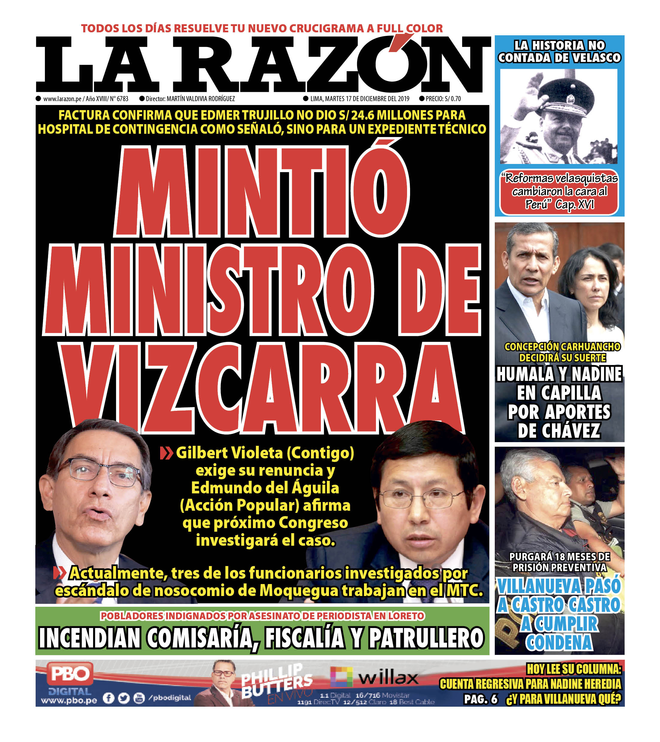 Portada impresa – Diario La Razón (17/12/2019)