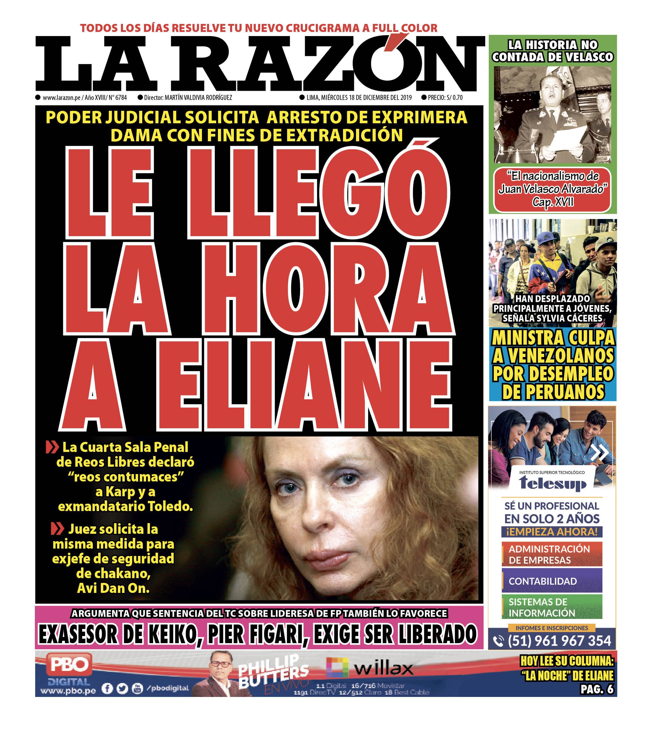 Portada impresa – Diario La Razón (18/12/2019)