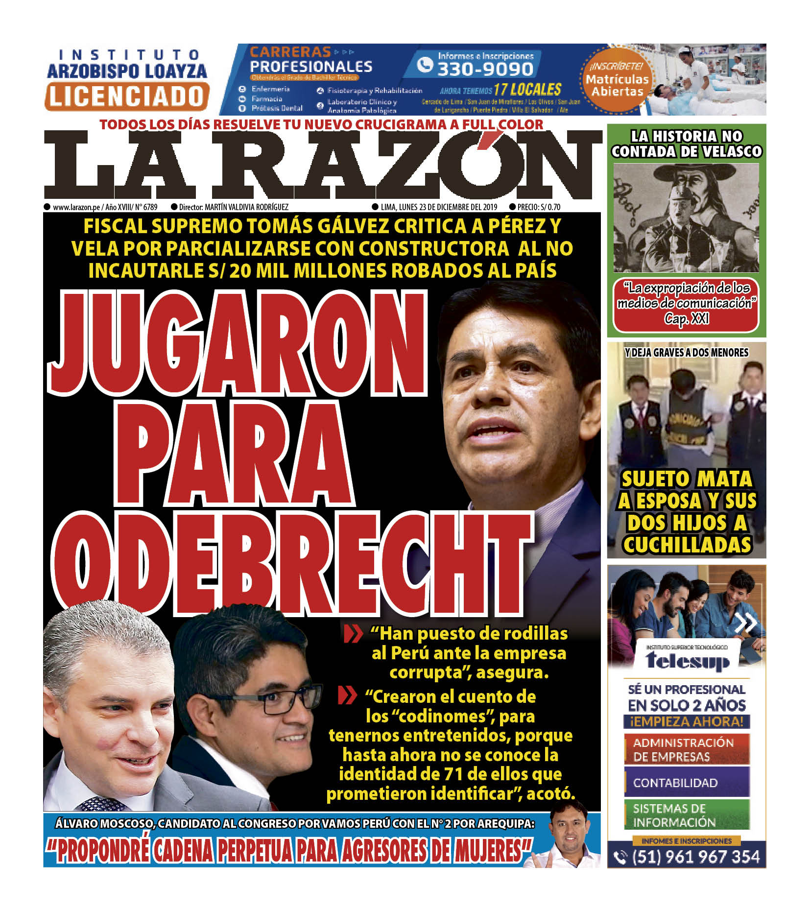 Portada impresa – Diario La Razón (23/12/2019)
