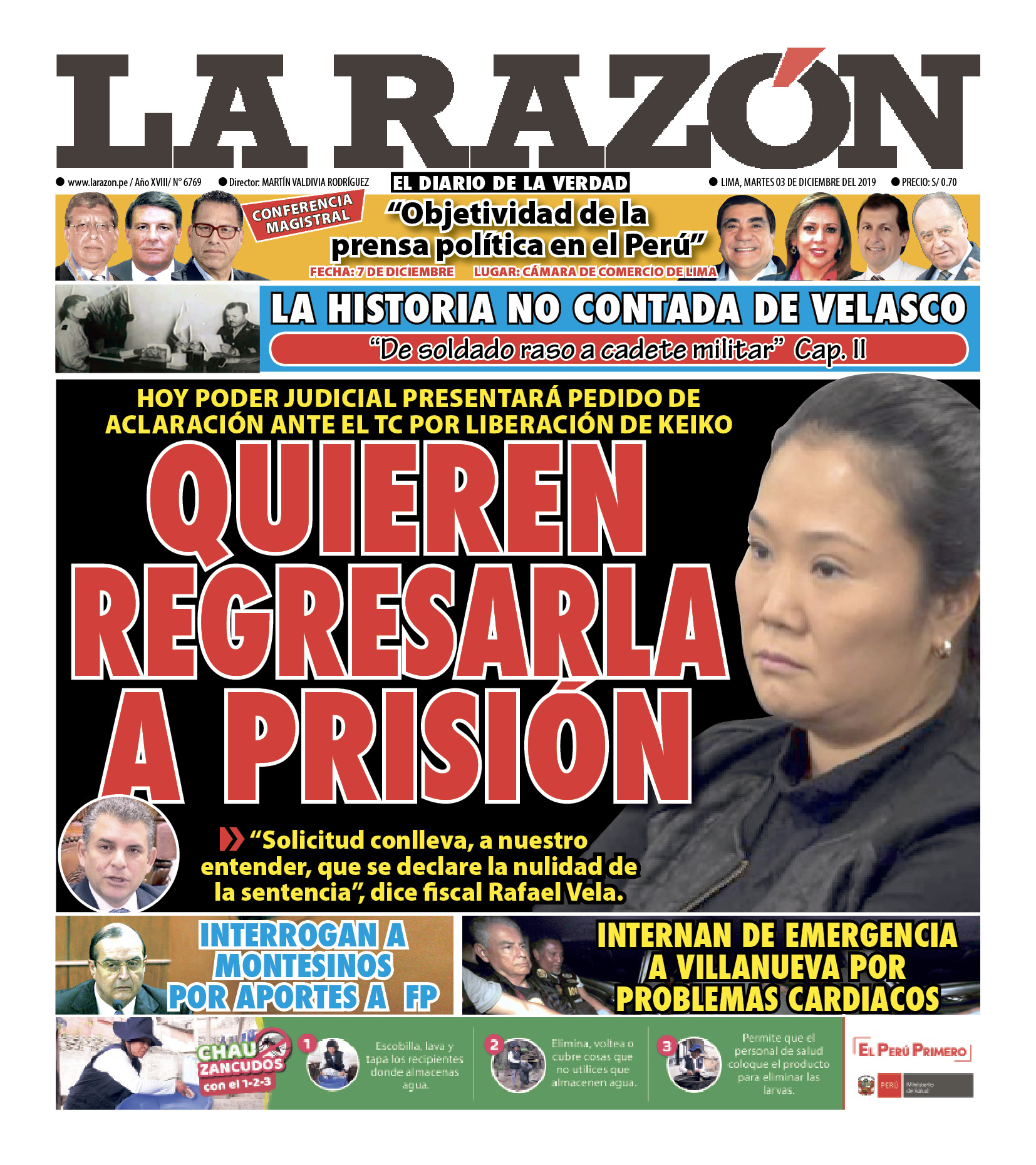 Portada impresa – Diario La Razón (03/12/2019)