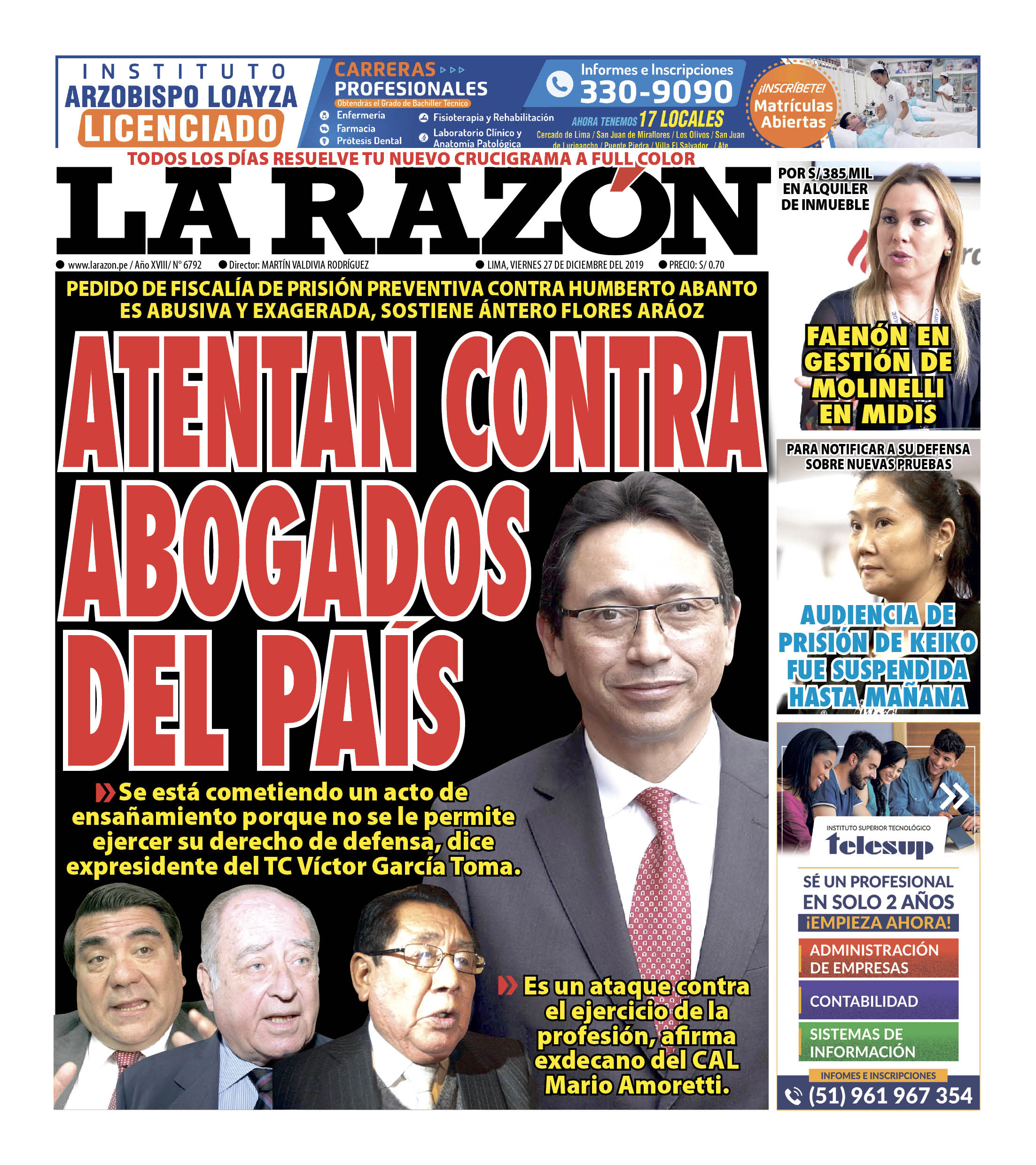 Portada impresa – Diario La Razón (27/12/2019)