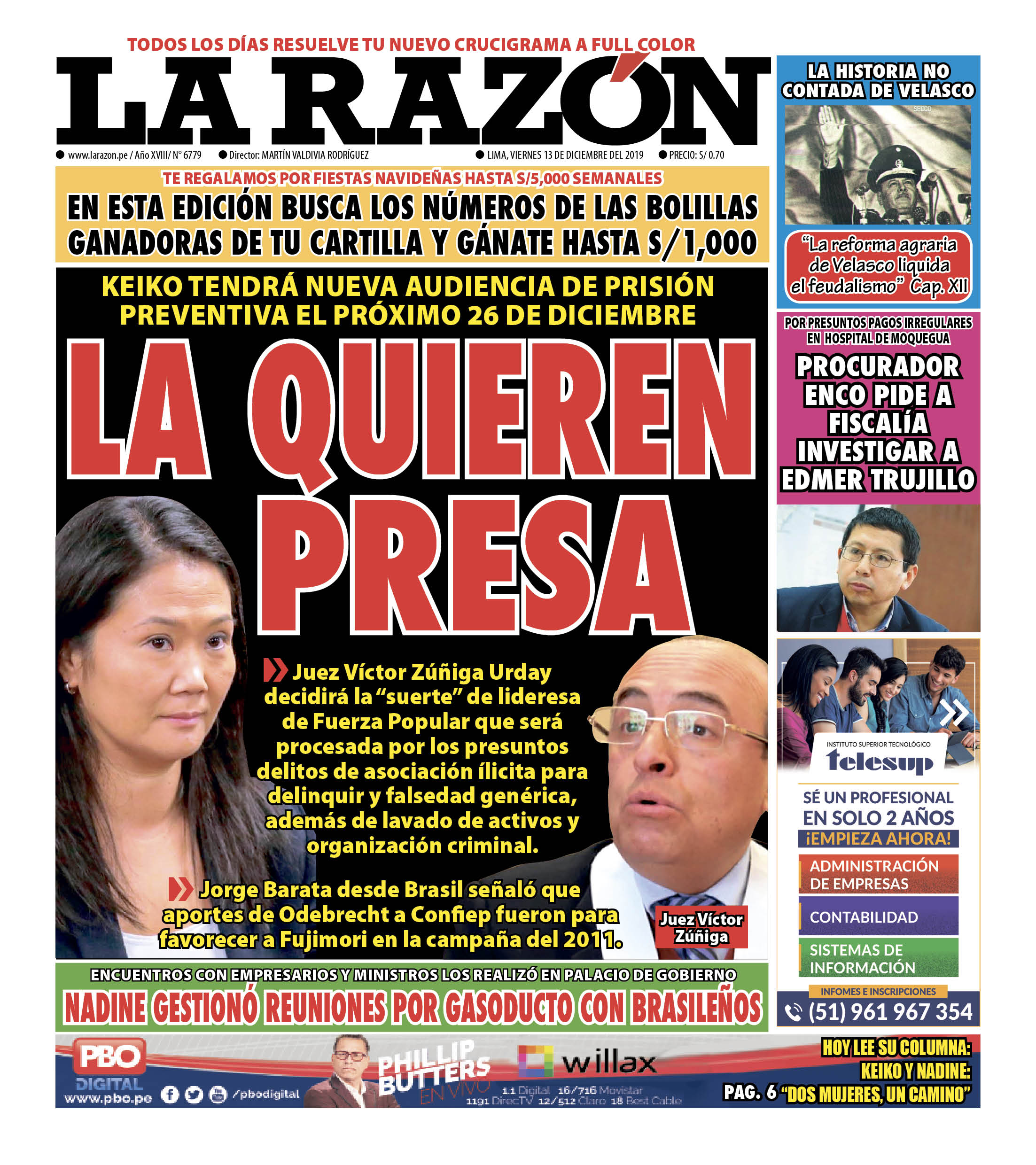 Portada impresa – Diario La Razón (13/12/2019)