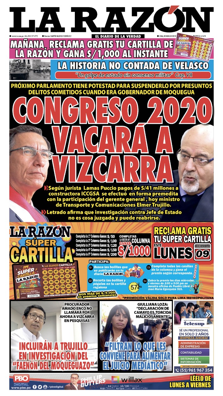 Portada impresa – Diario La Razón (08/12/2019)