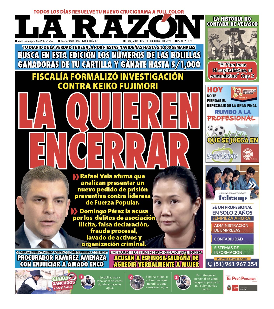 Portada impresa – Diario La Razón (11/12/2019)