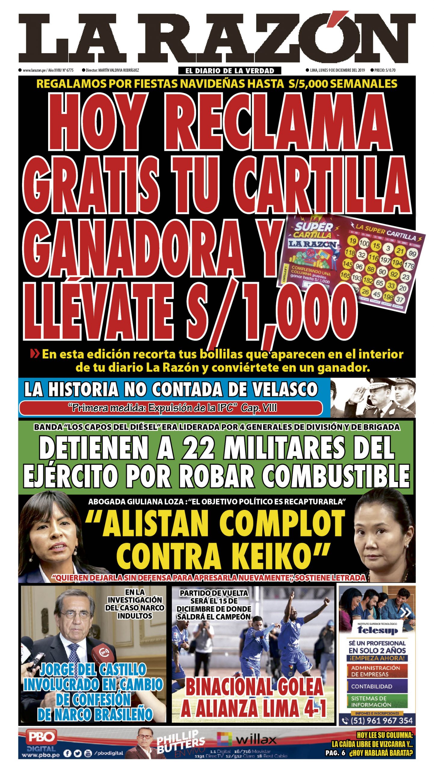 Portada impresa – Diario La Razón (09/12/2019)
