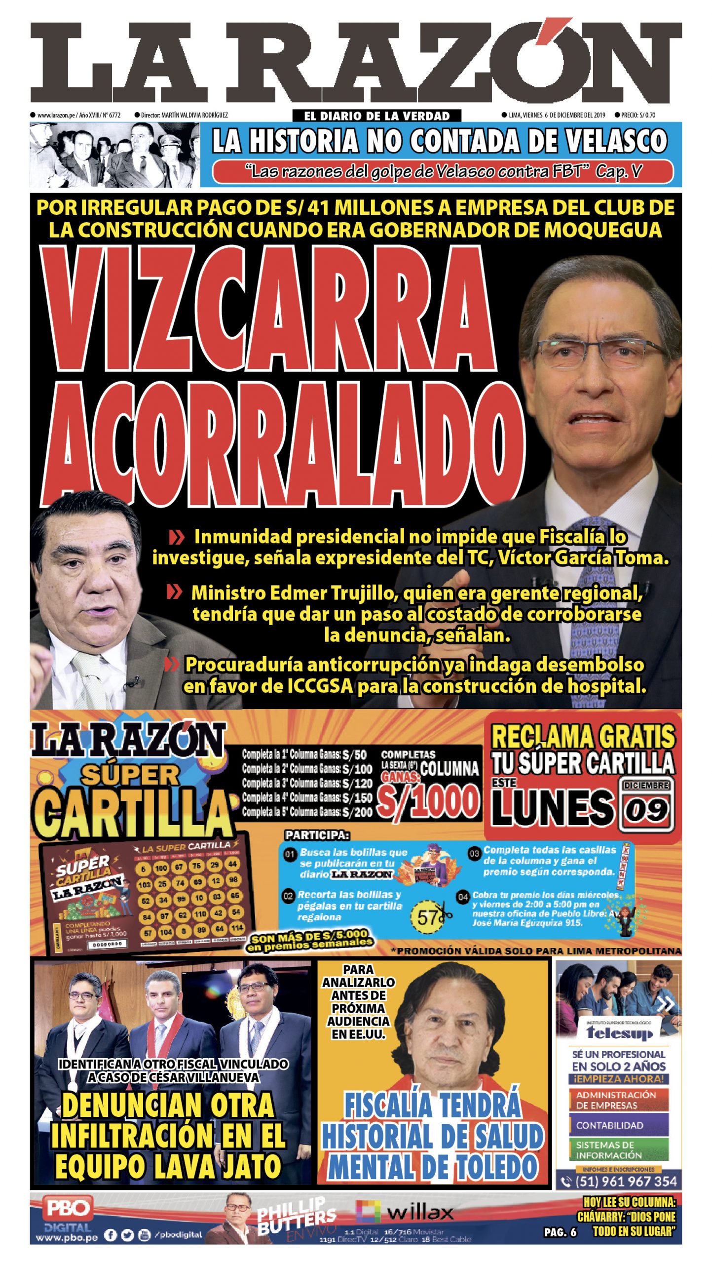 Portada impresa – Diario La Razón (06/12/2019)
