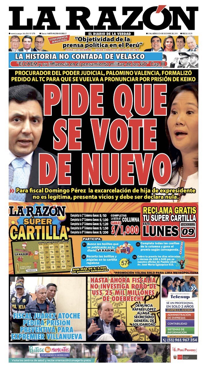 Portada impresa – Diario La Razón (04/12/2019)