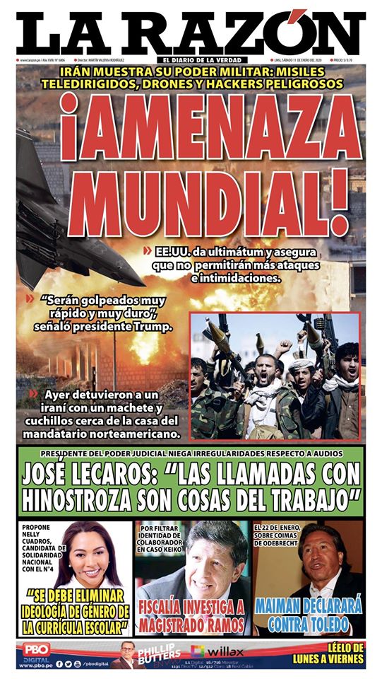 Portada impresa – Diario La Razón (11/01/2020)