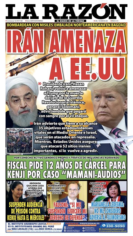 Portada impresa – Diario La Razón (05/01/2020)