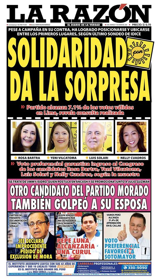 Portada impresa – Diario La Razón (19/01/2020)