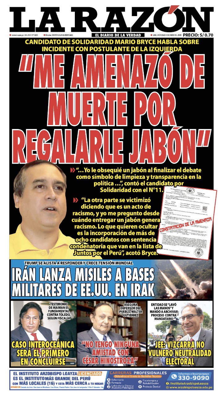 Portada impresa – Diario La Razón (08/01/2020)