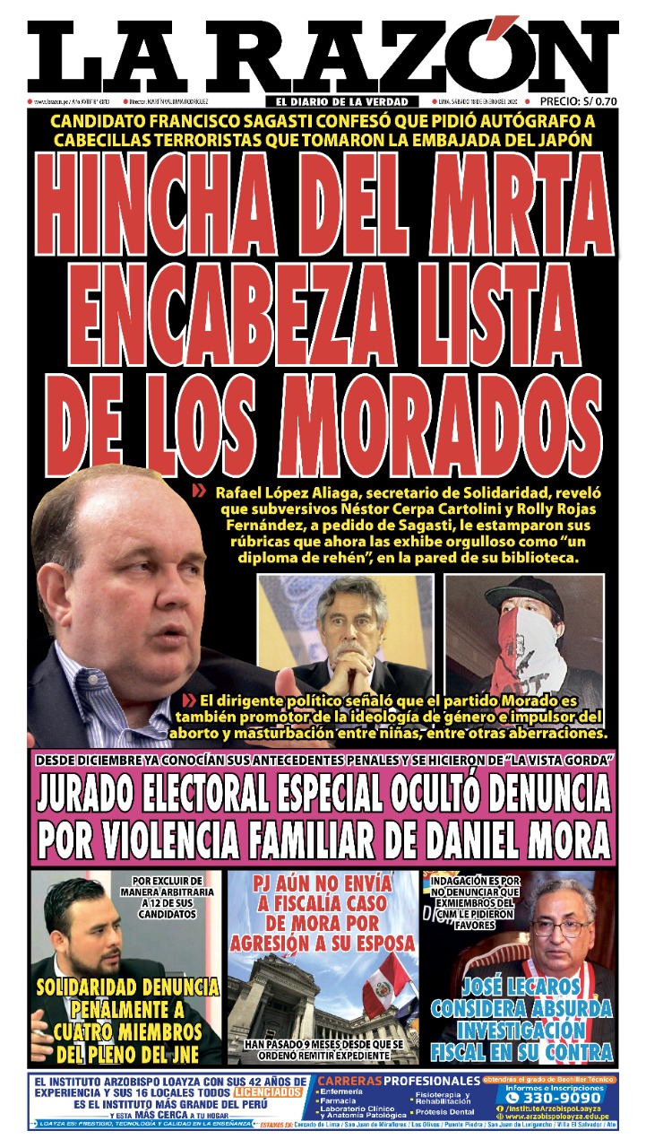 Portada impresa – Diario La Razón (18/01/2020)