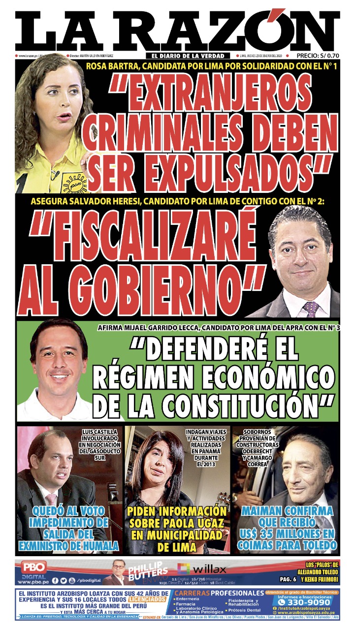 Portada impresa – Diario La Razón (23/01/2020)