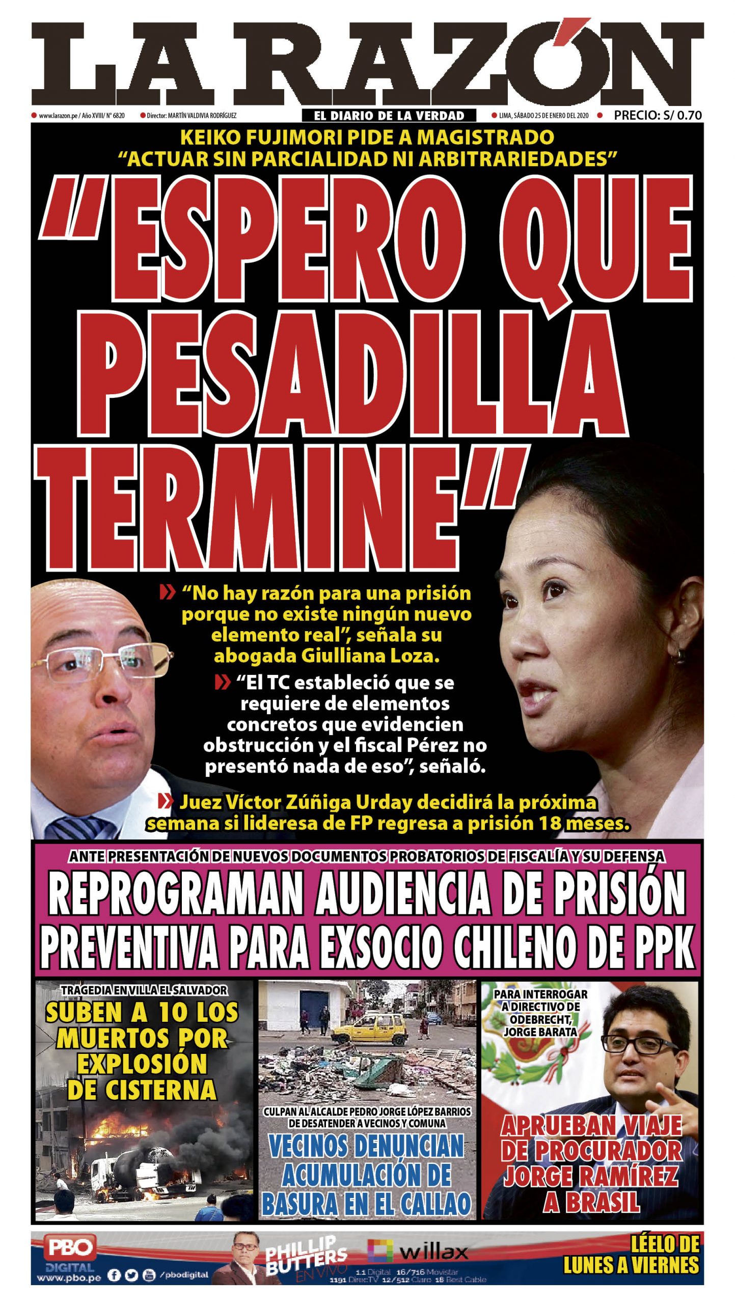 Portada impresa – Diario La Razón (25/01/2020)