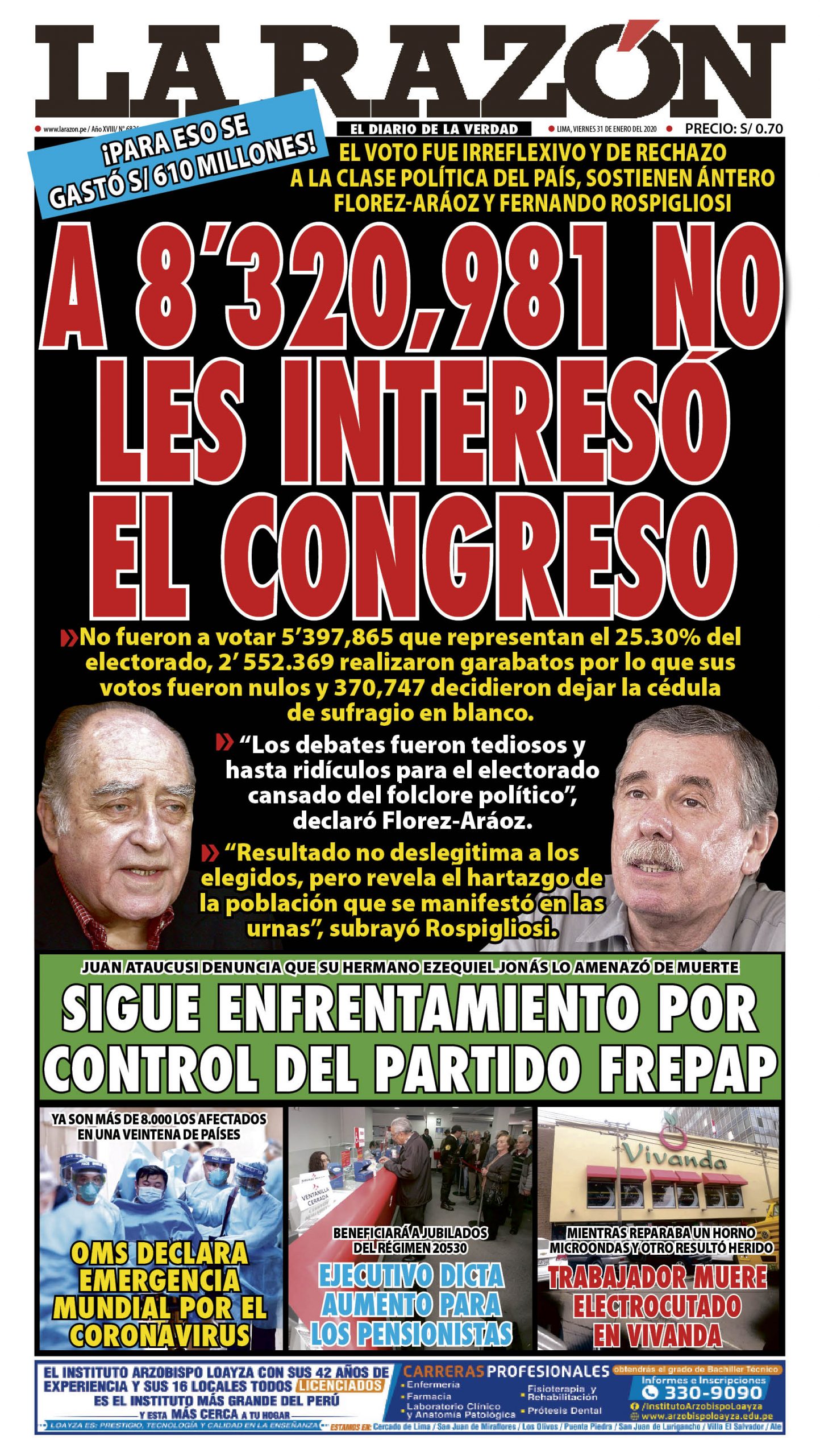 Portada impresa – Diario La Razón (31/01/2020)