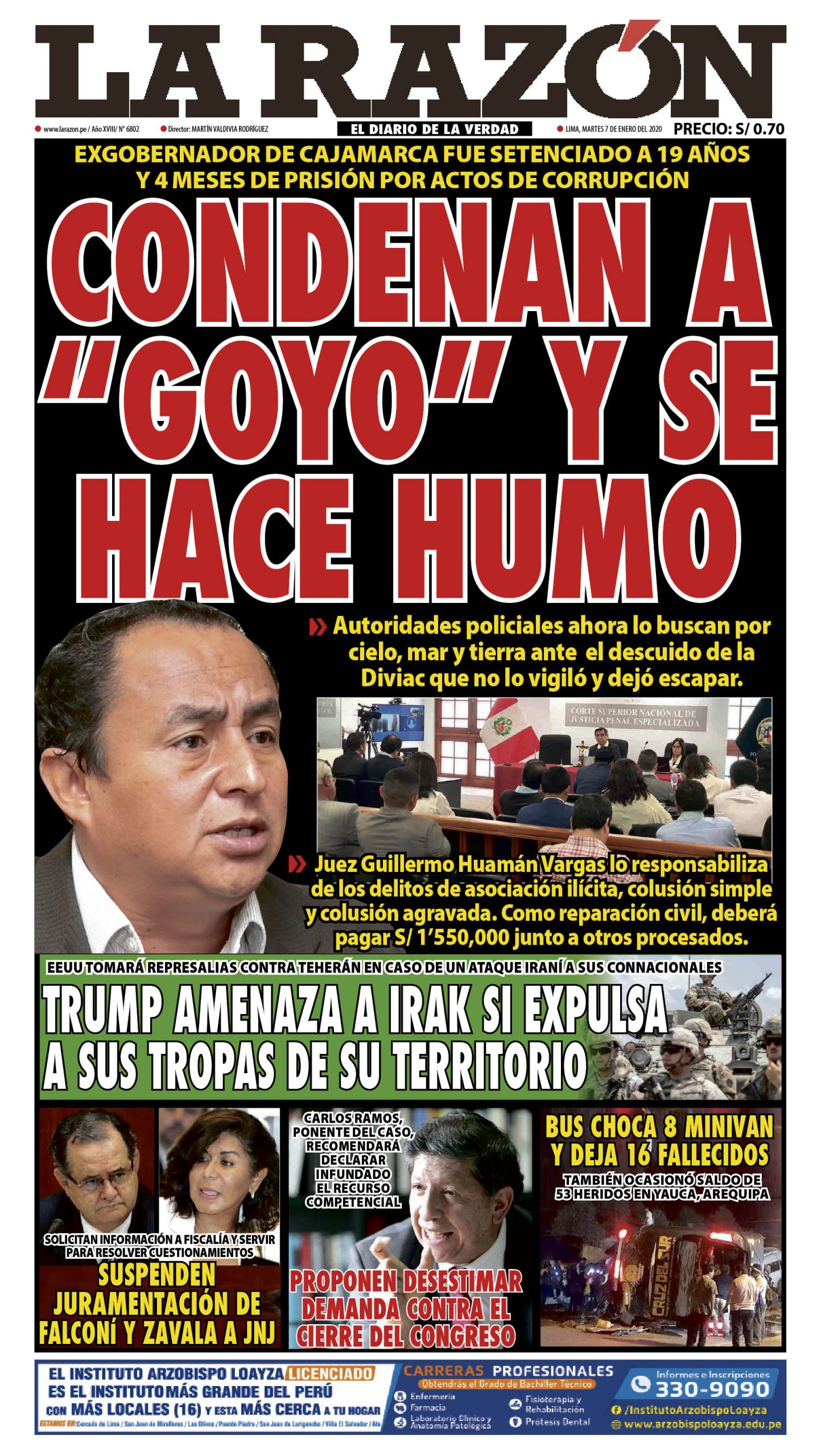 Portada impresa – Diario La Razón (07/01/2020)