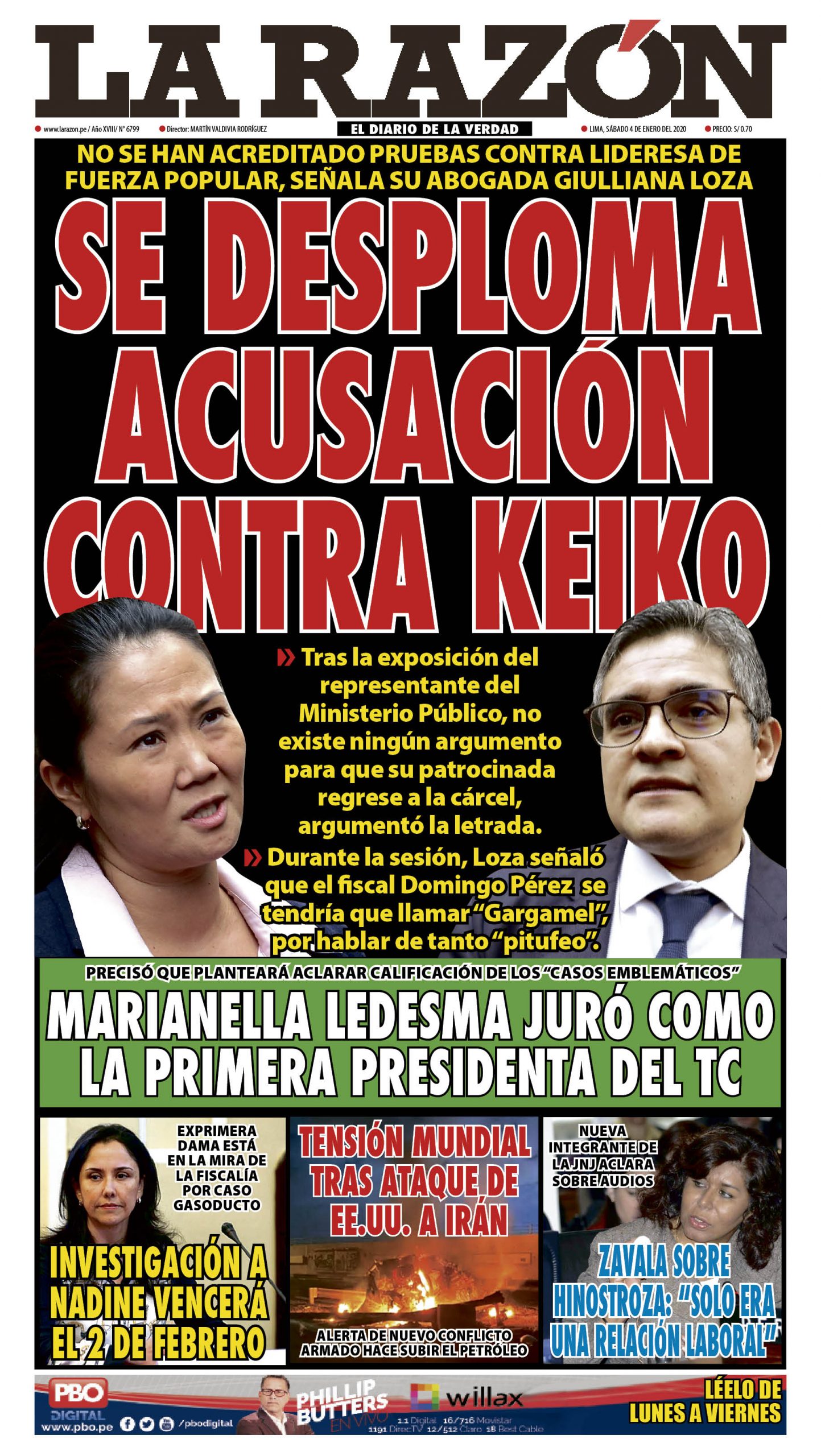 Portada impresa – Diario La Razón (04/01/2020)