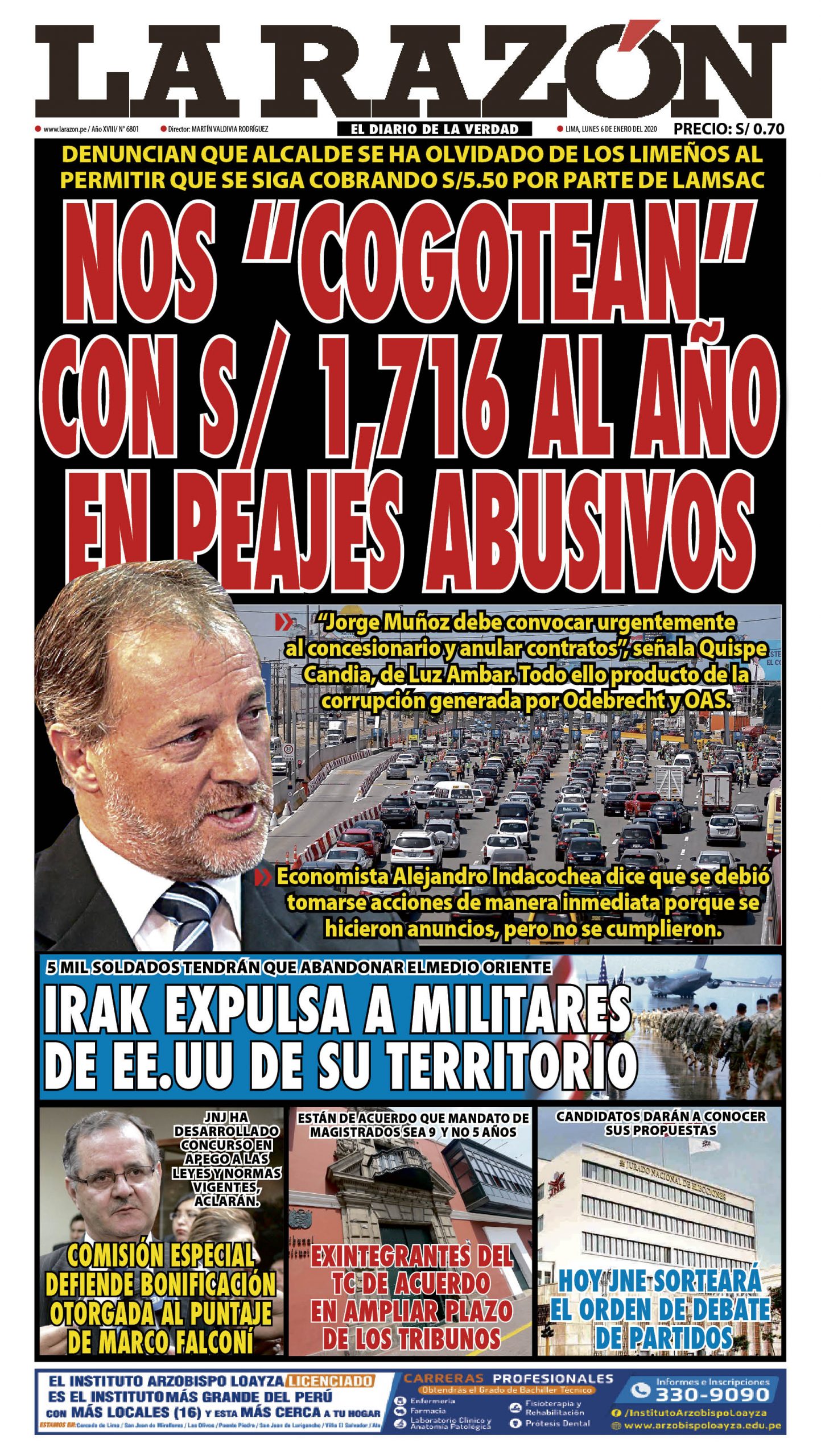 Portada impresa – Diario La Razón (06/01/2020)