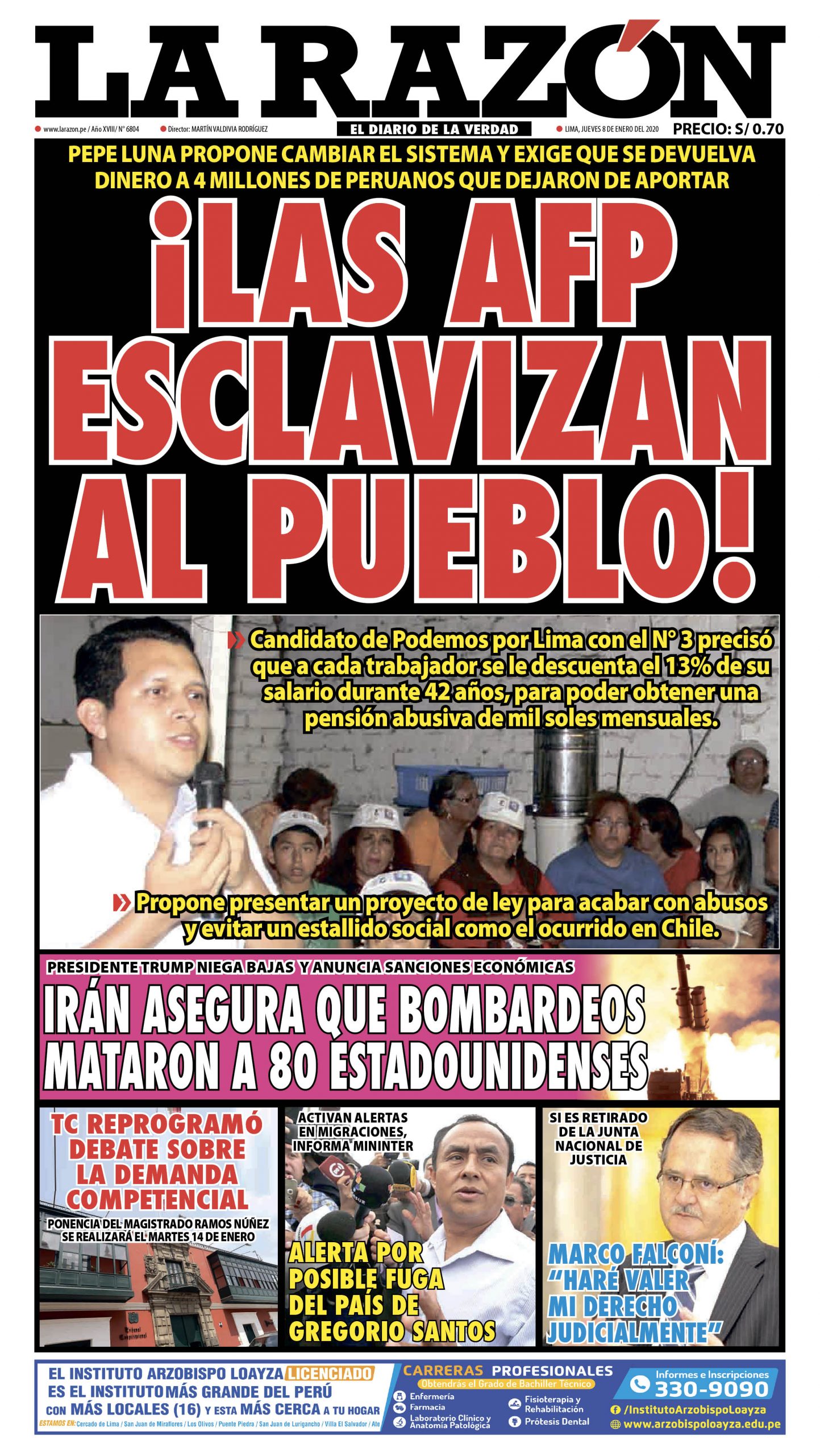 Portada impresa – Diario La Razón (09/01/2020)