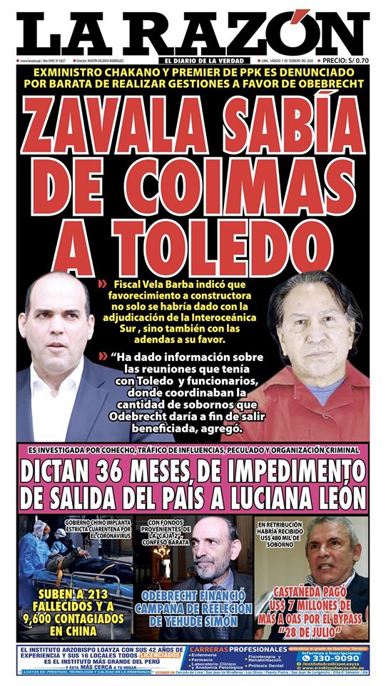 Portada impresa – Diario La Razón (01/02/2020)
