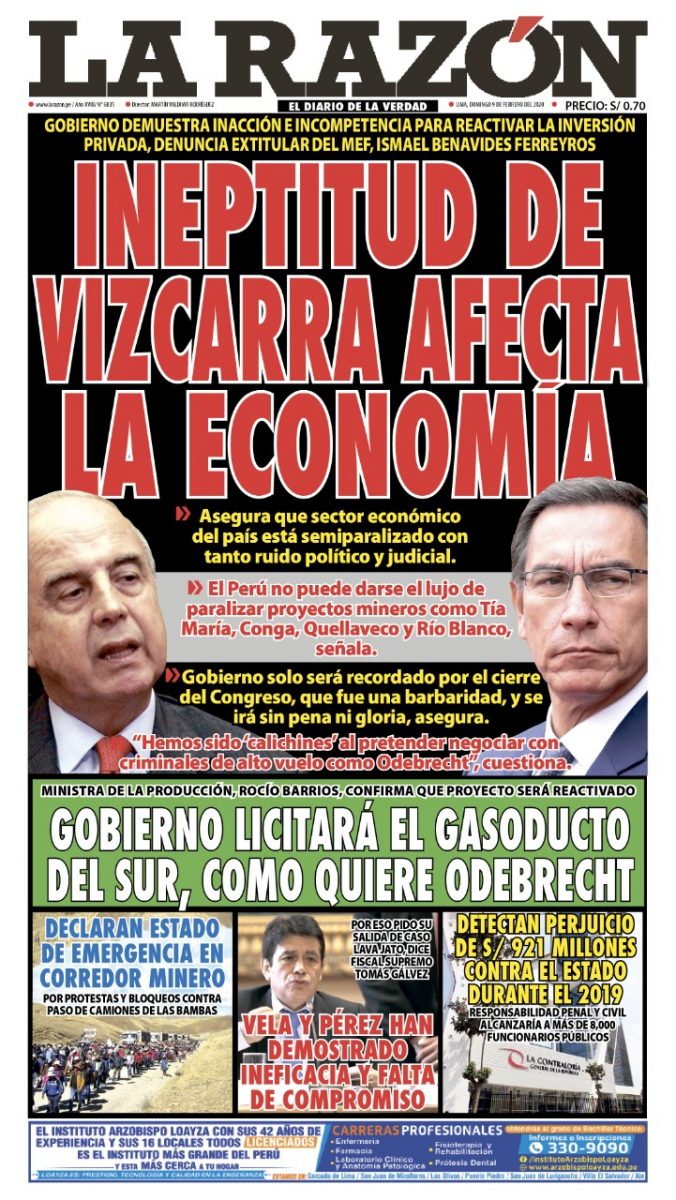 Portada impresa – Diario La Razón (09/02/2020)