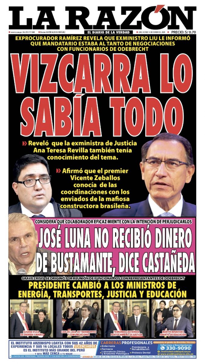 Portada impresa – Diario La Razón (14/02/2020)