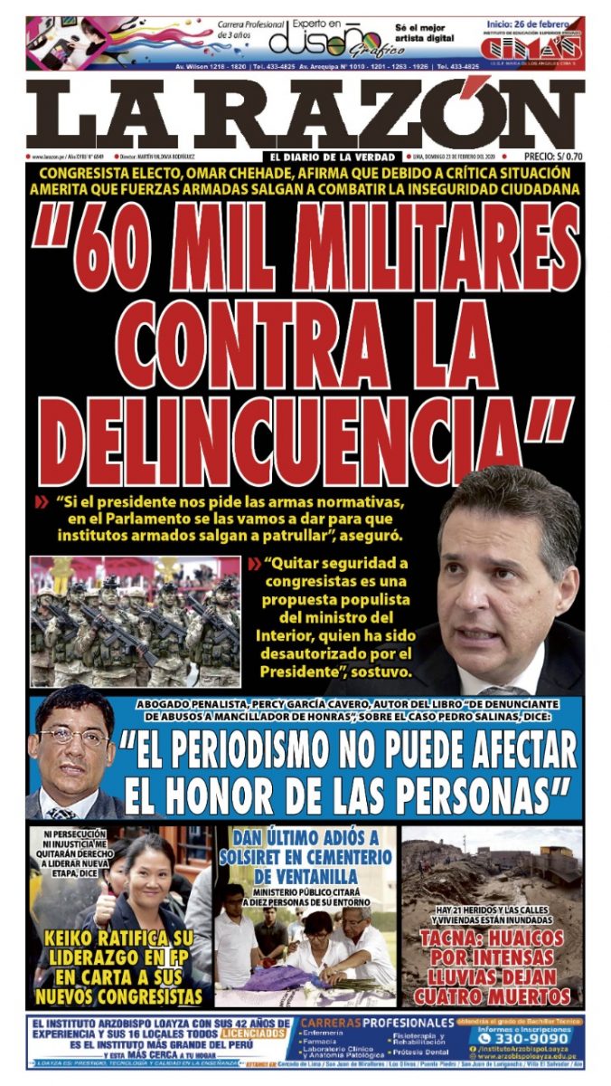 Portada impresa – Diario La Razón (23/02/2020)