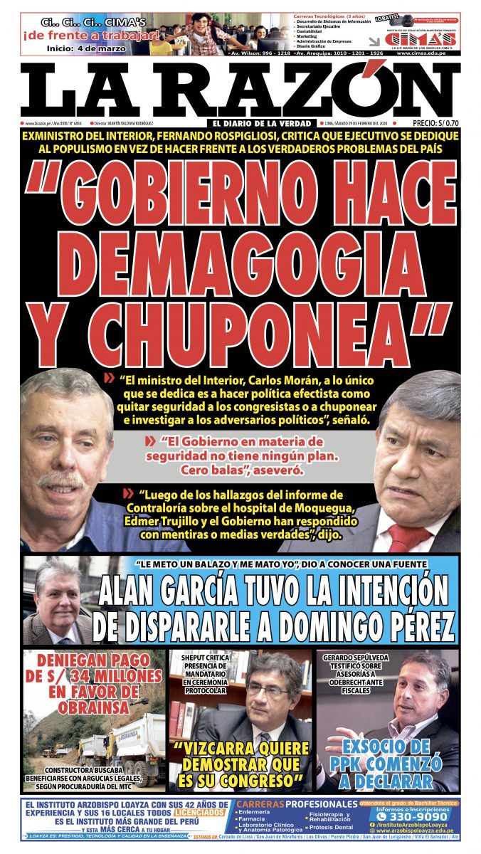 Portada impresa – Diario La Razón (29/02/2020)