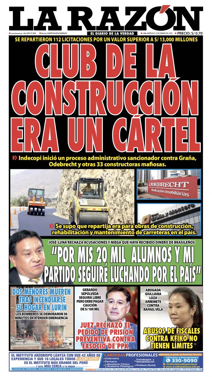Portada impresa – Diario La Razón (12/02/2020)